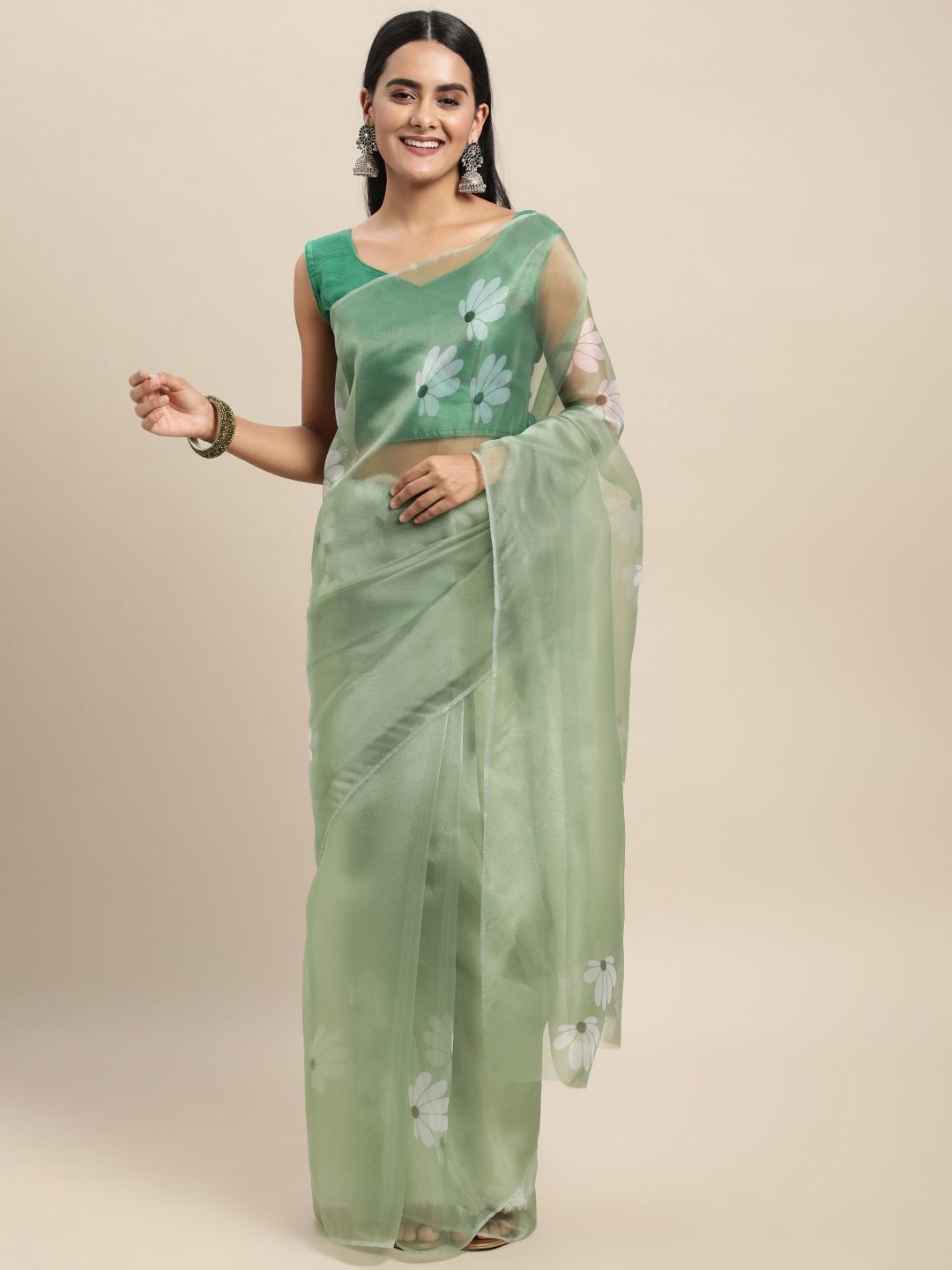 

KIMISHA Floral Printed Organza Saree, Green