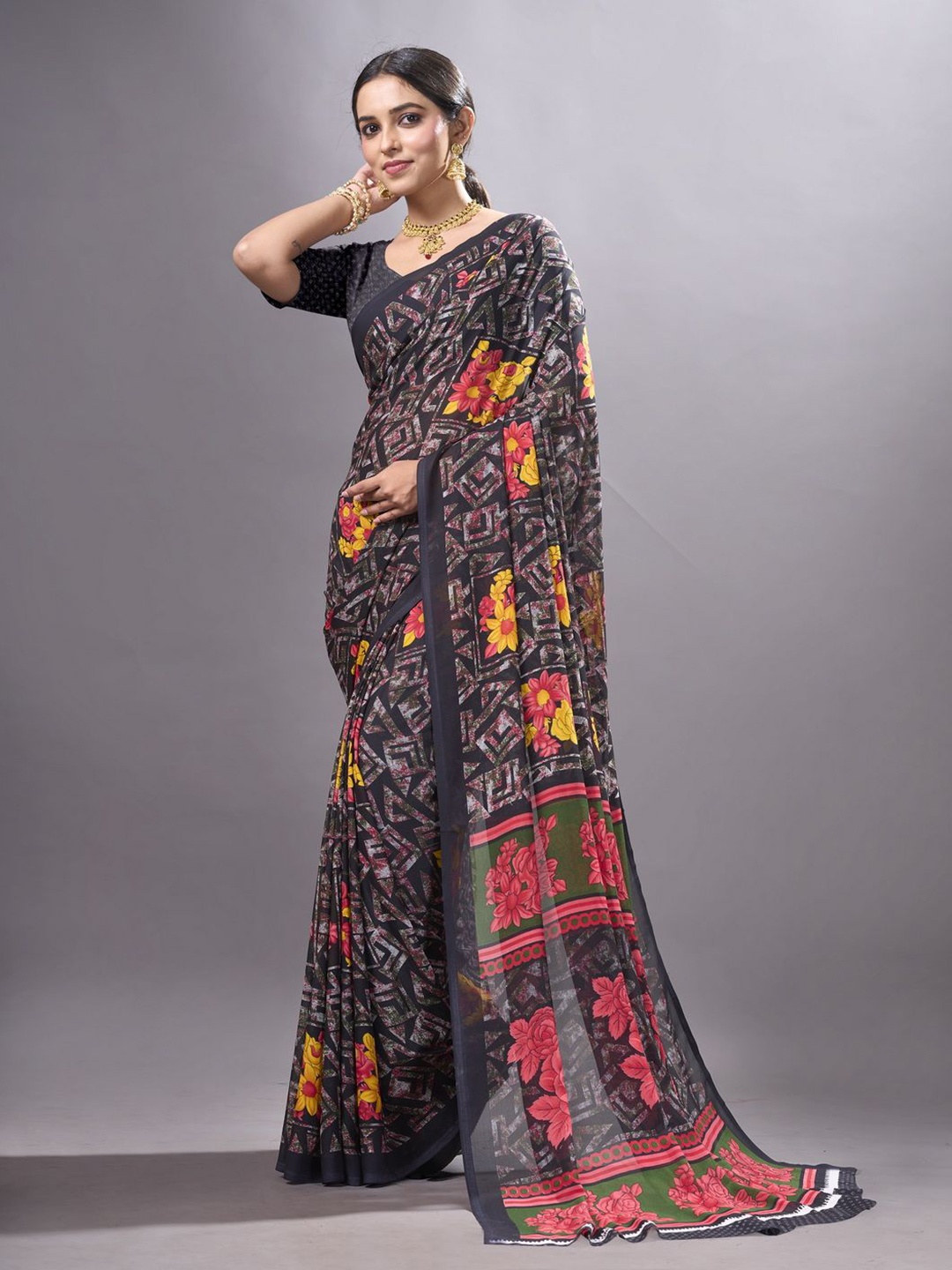 

NIRMAL CREATION Floral Poly Georgette Saree, Charcoal