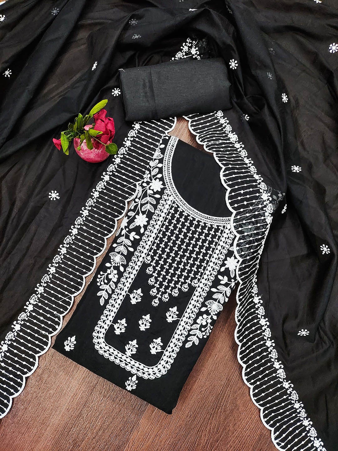 

MANVAA Embellished Unstitched Dress Material, Black