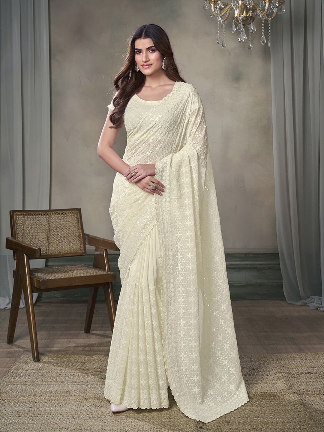 

Inddus Floral Sequinned Poly Georgette Heavy Work Saree, Off white