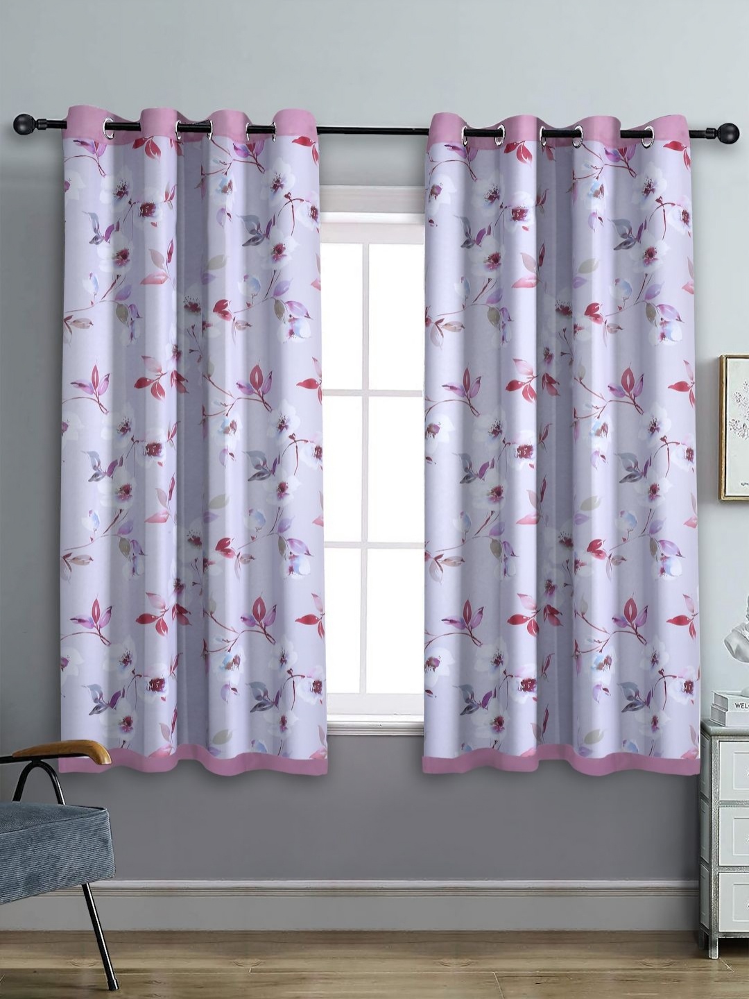 

Aura White & Purple Set of 2 Floral Black Out Window Curtain