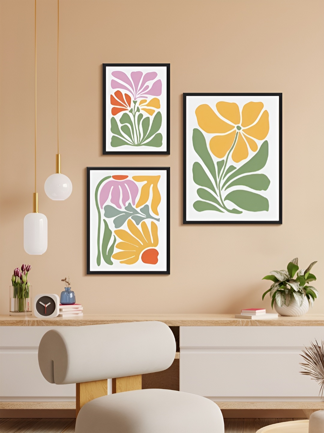 

999Store Yellow & Green 3 Piece Paper Floral and Botanical Wall Paintings