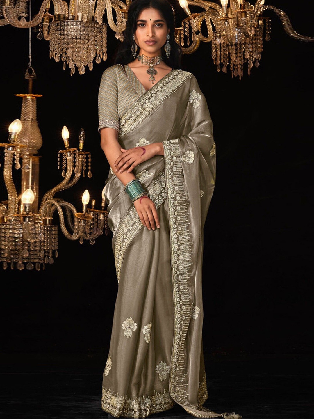 

MySilkLove Solid Embellished Sequinned Tissue Saree, Grey