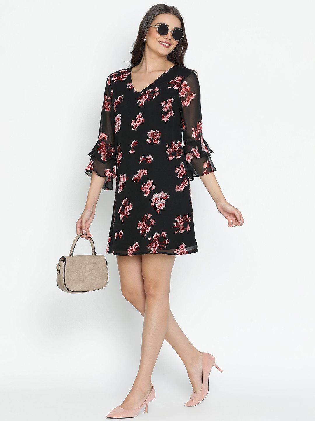 

DRAAX Fashions Bell Sleeve A-Line Mini Floral Dress, Black