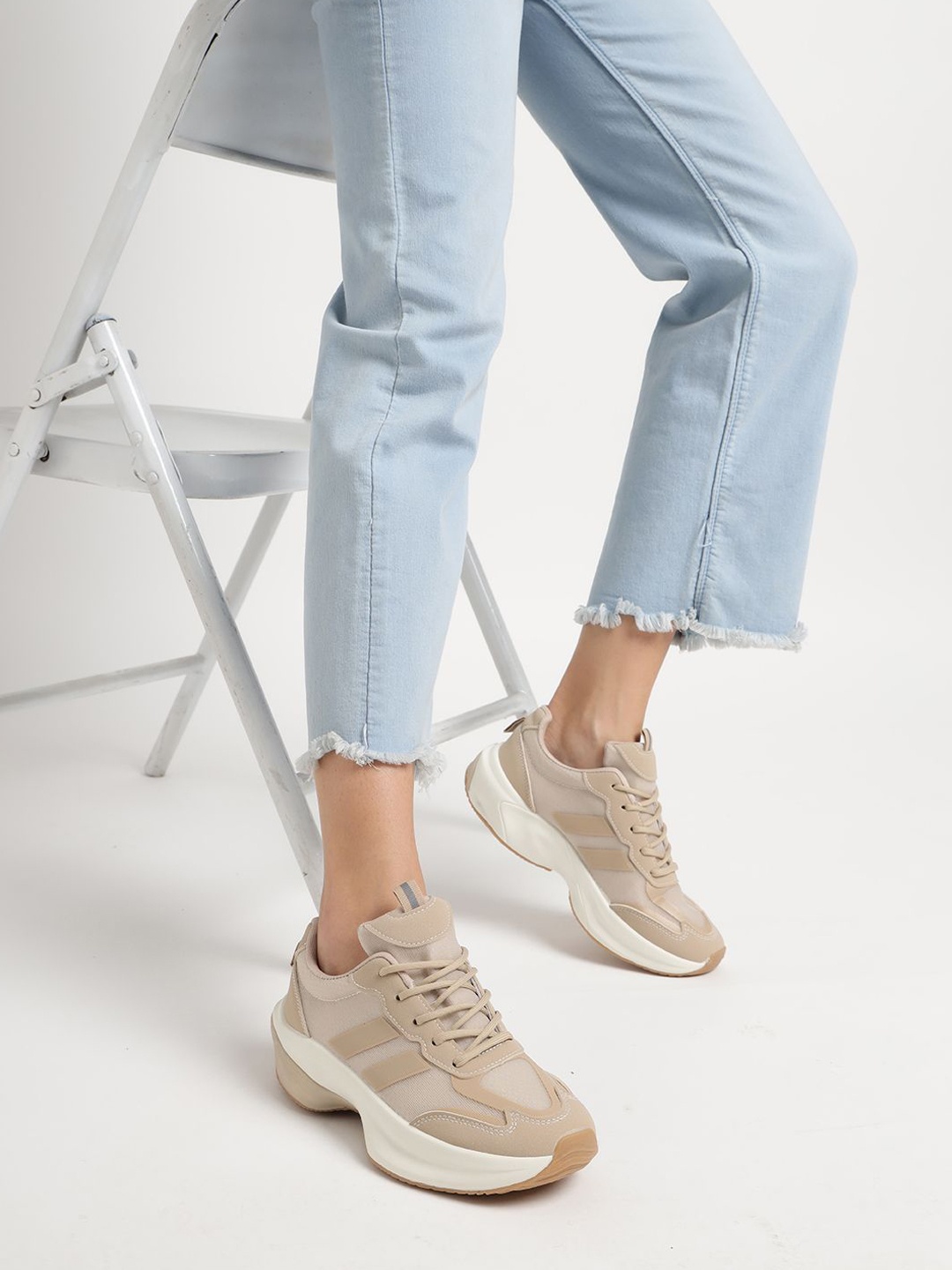 

Truffle Collection Women Colourblocked PU Sneakers, Khaki