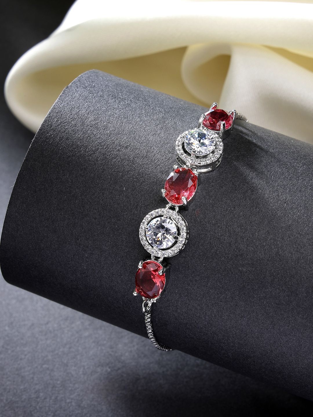 

ZENEME Rhodium-Plated American Diamond Studded Charm Bracelet, Silver