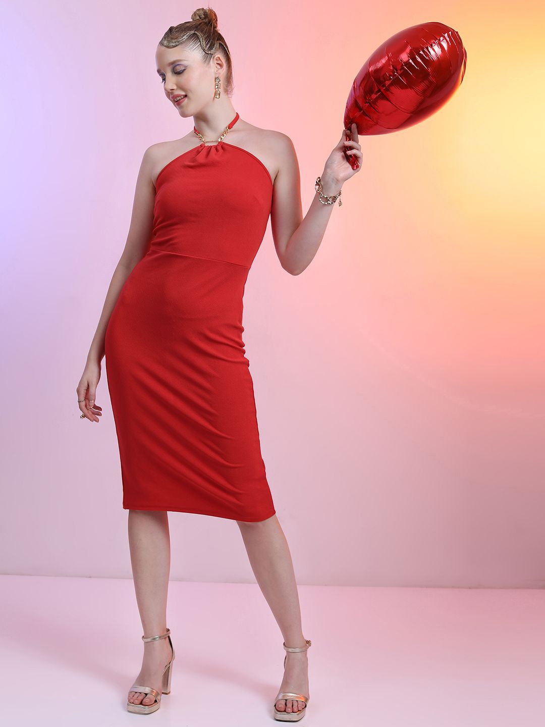 

Tokyo Talkies Chain Embellished Halter Neck Bodycon Dress, Red