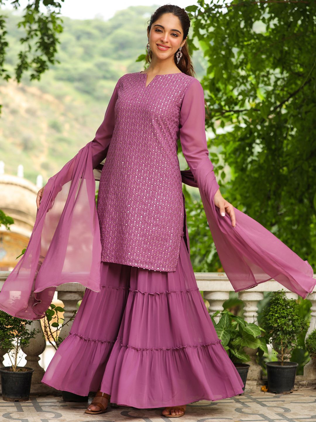 

Janasya Floral Embroidered Notch Neck Sequinned Georgette Kurta with Sharara & Dupatta, Lavender