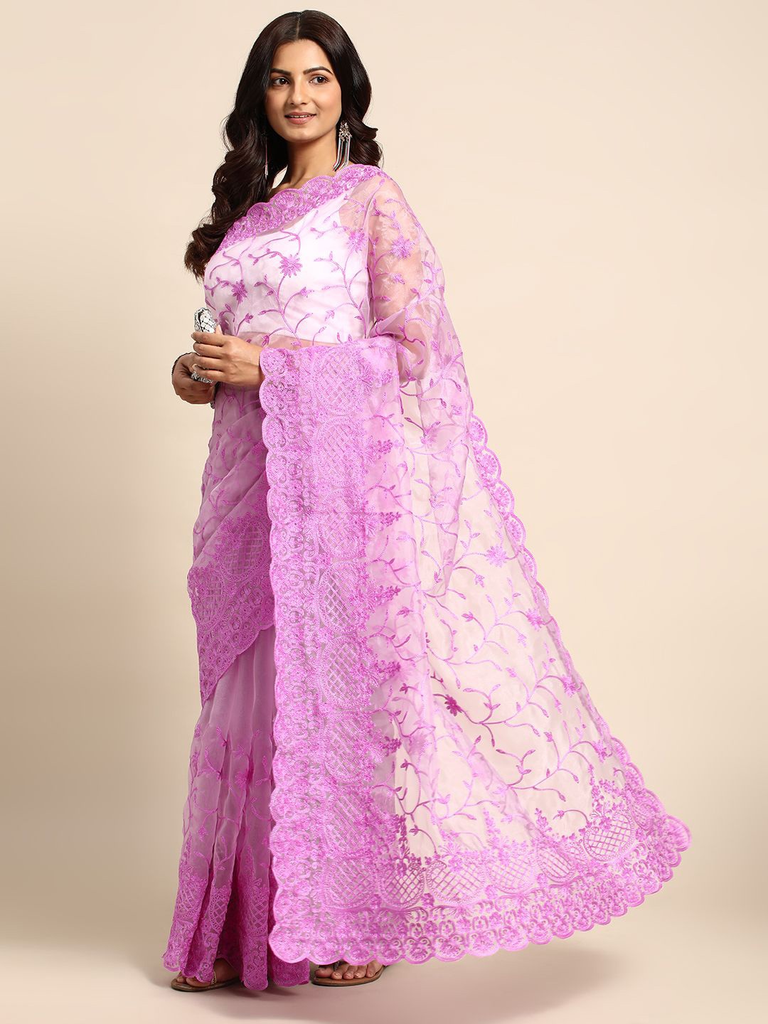 

KIMISHA Floral Embroidered Organza Designer Saree, Lavender