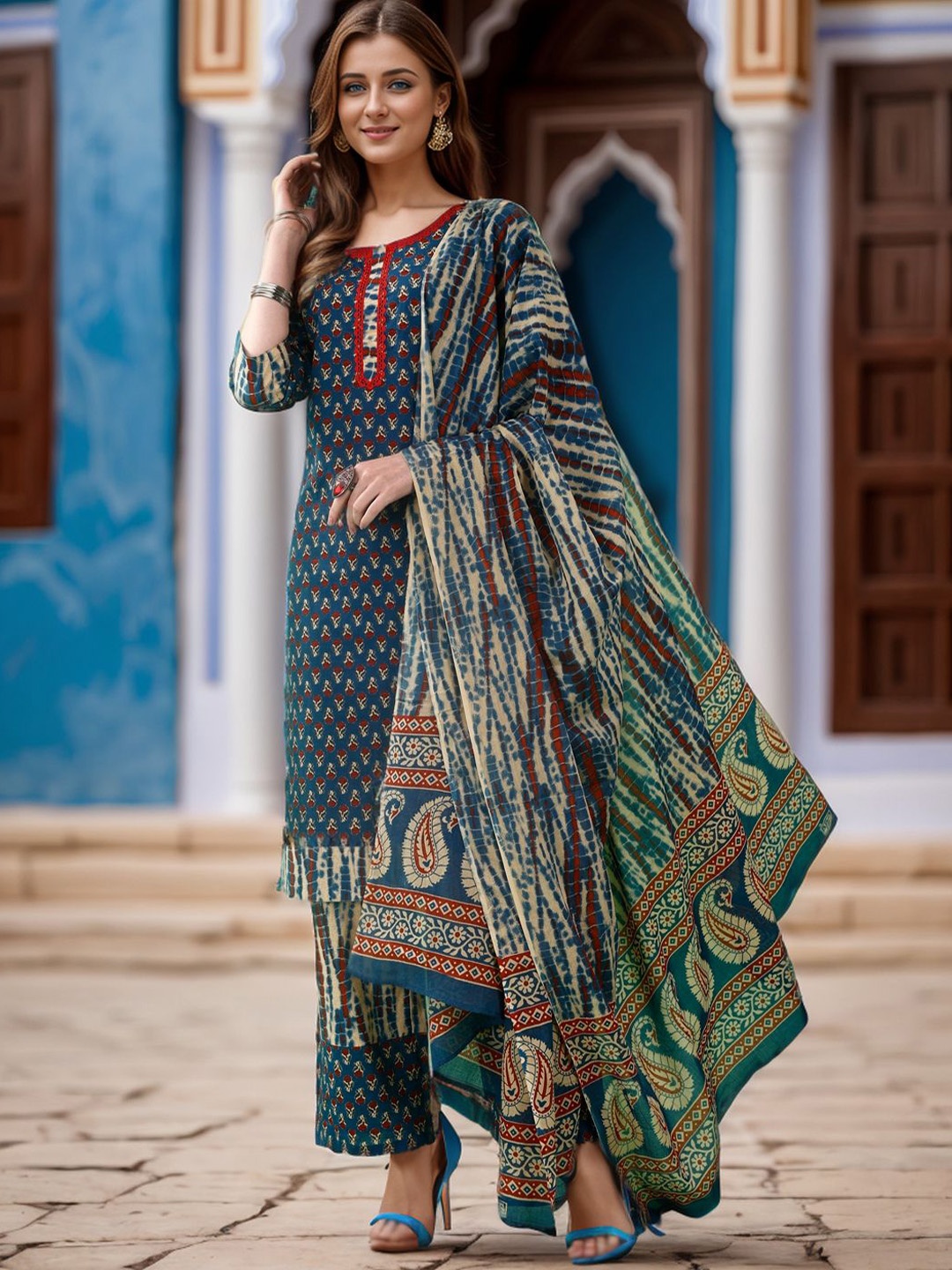 

Ziva Fashion Women Ethnic Motifs Printed Regular Pure Cotton Kurta with Trousers & With Dupatta, Blue