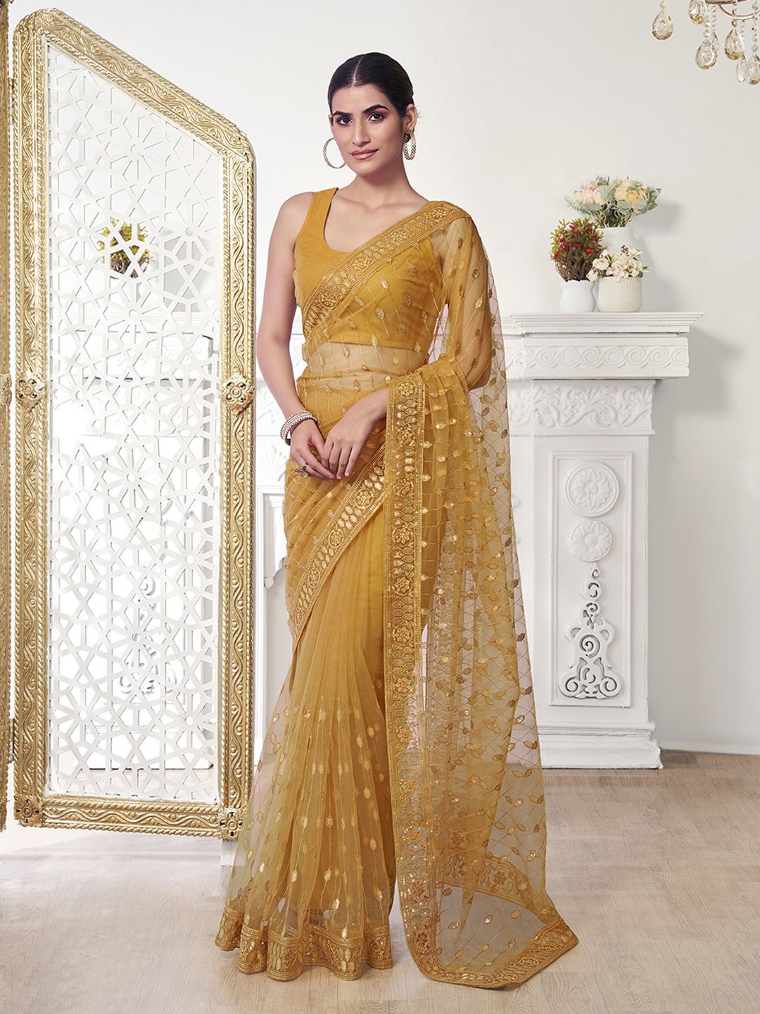 

Inddus Ethnic Motifs Sequinned Net Saree, Mustard