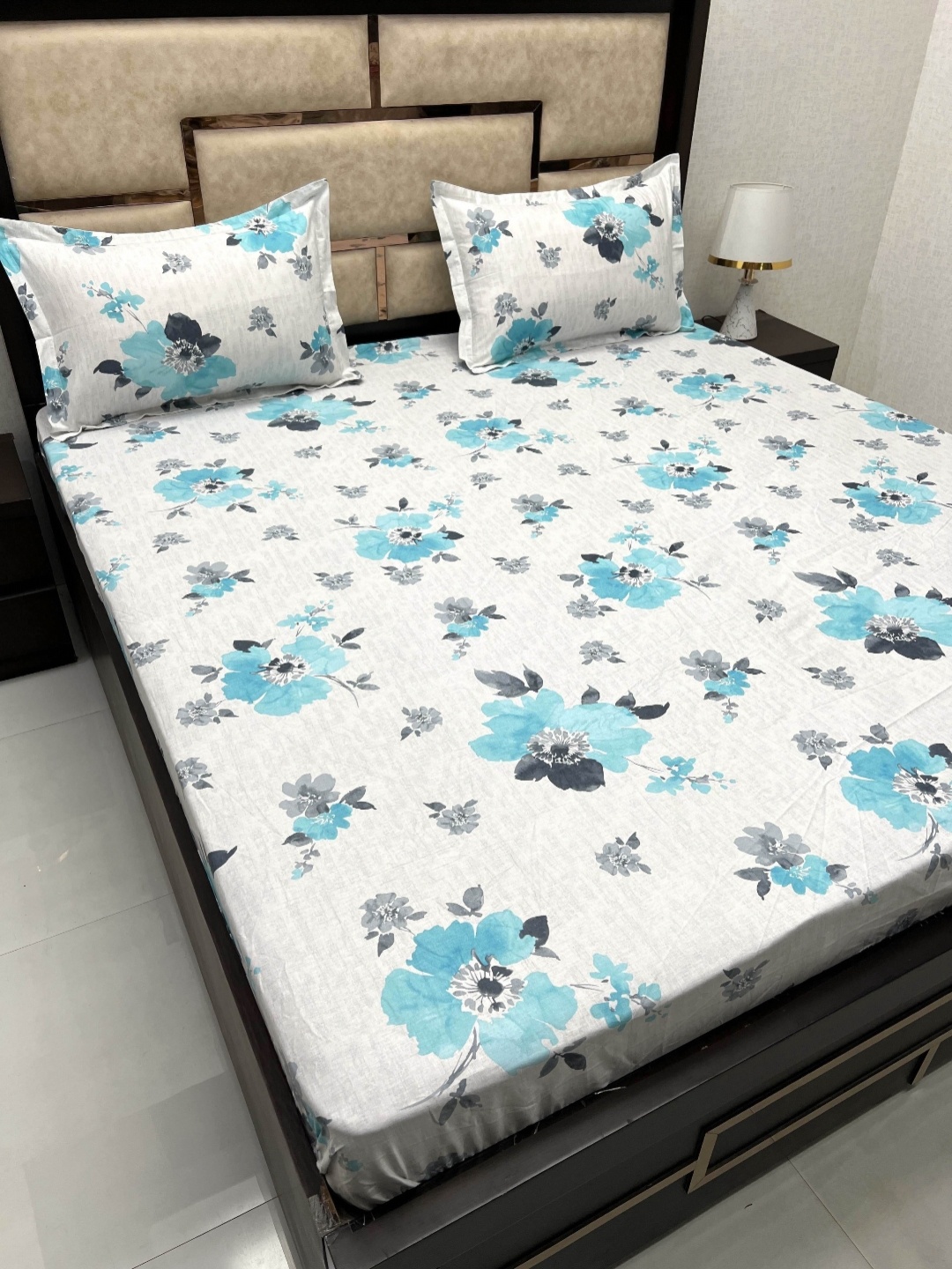 

Pure Decor White & Blue Floral 300 TC King Bedsheet with 2 Pillow Covers