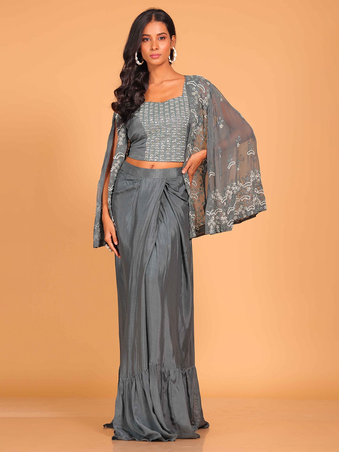 

Morchari Embroidered Crop Top With Skirt & Shrug, Grey