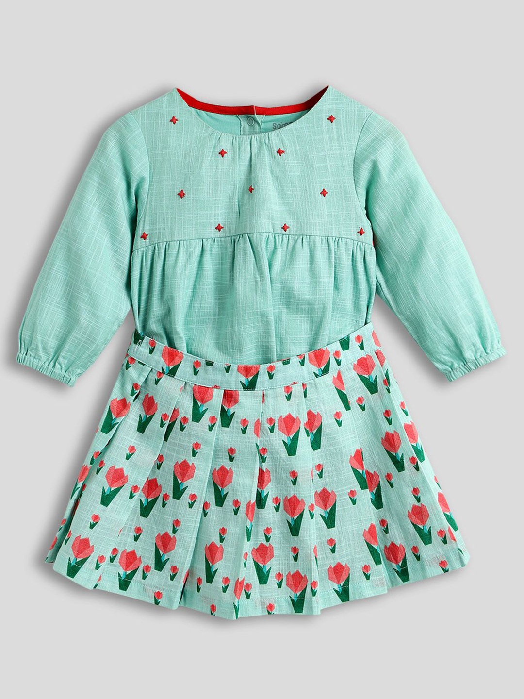 

Somersault Girls Printed Pure Cotton Top with Skirt, Green