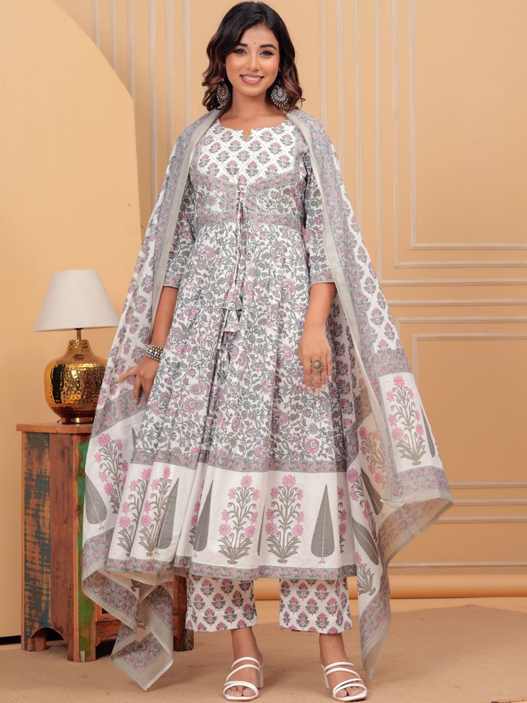 

KALINI Women Floral Printed Regular Thread Work Pure Cotton Kurta with Trousers & With Dupatta, Pink