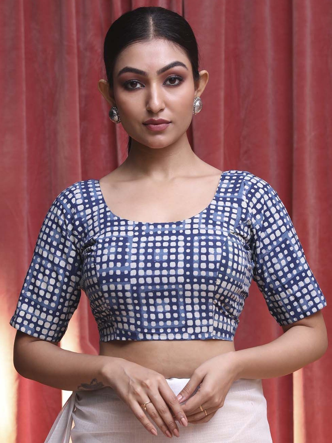 

Indethnic Printed Non-Padded Cotton Saree Blouse, Blue