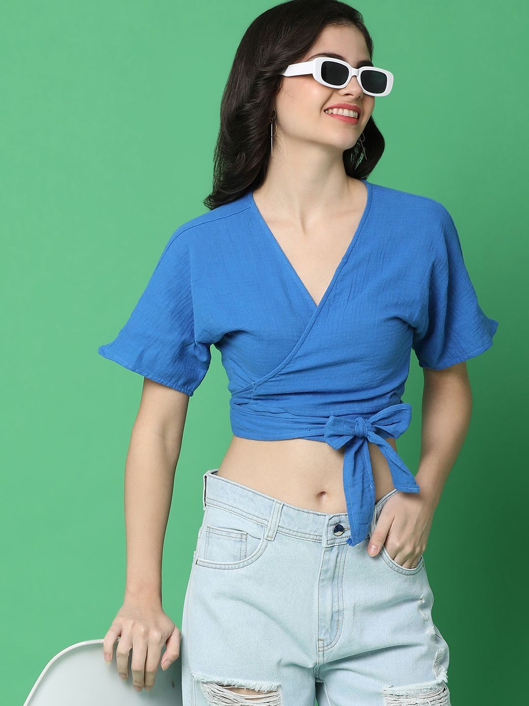 

UNLIMITED Women Solid V-Neck Cotton Top, Blue