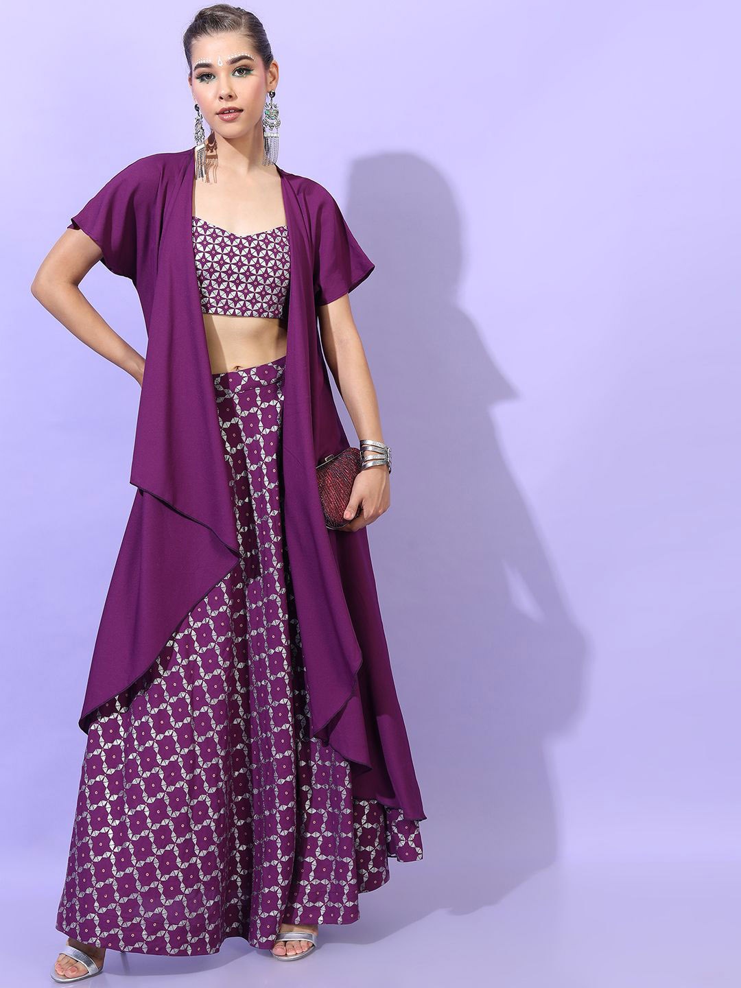 

Vishudh Printed Strappy Crop Top & Skirt With Jacket Co-Ords, Purple