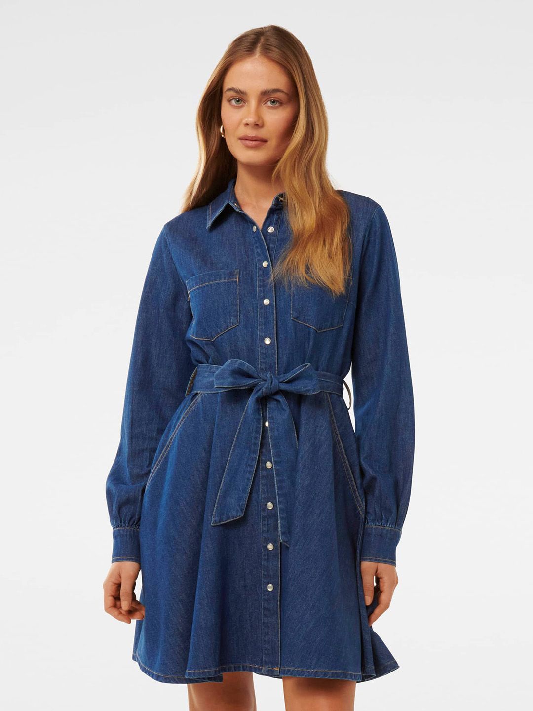 

Forever New Women Solid Denim Shirt Dress, Blue