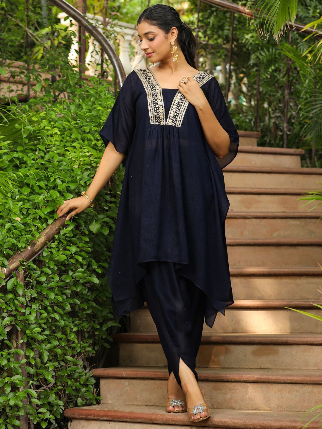 

Janasya Embroidered Tunic With Trousers Co-Ords, Navy blue