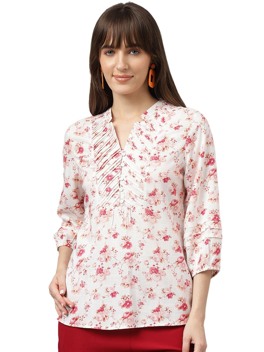 

Latin Quarters Floral Print Mandarin Collar Top, Pink