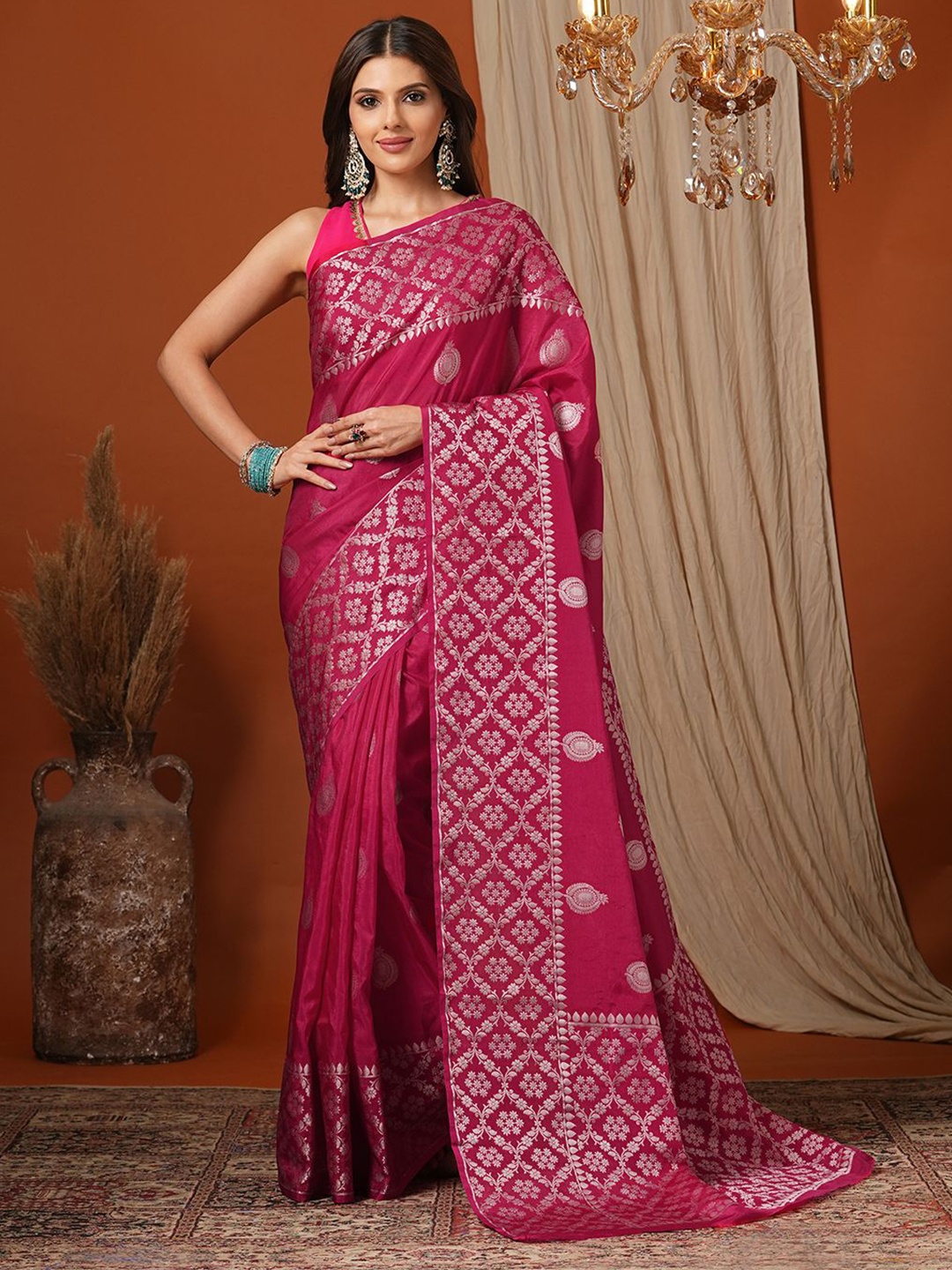 

PAROKSH Woven Design Zari Silk Blend Banarasi Saree, Pink