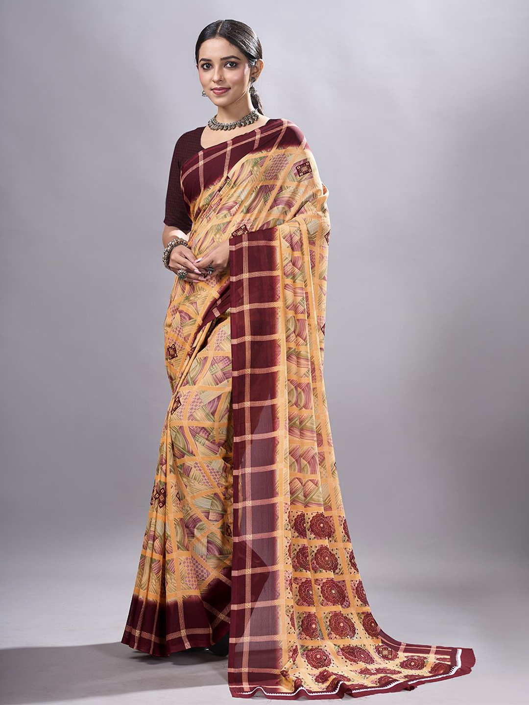 

NIRMAL CREATION Poly Georgette Saree, Brown