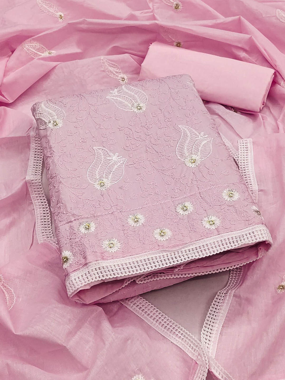 

Peachmode Embroidered Pure Cotton Unstitched Dress Material, Pink