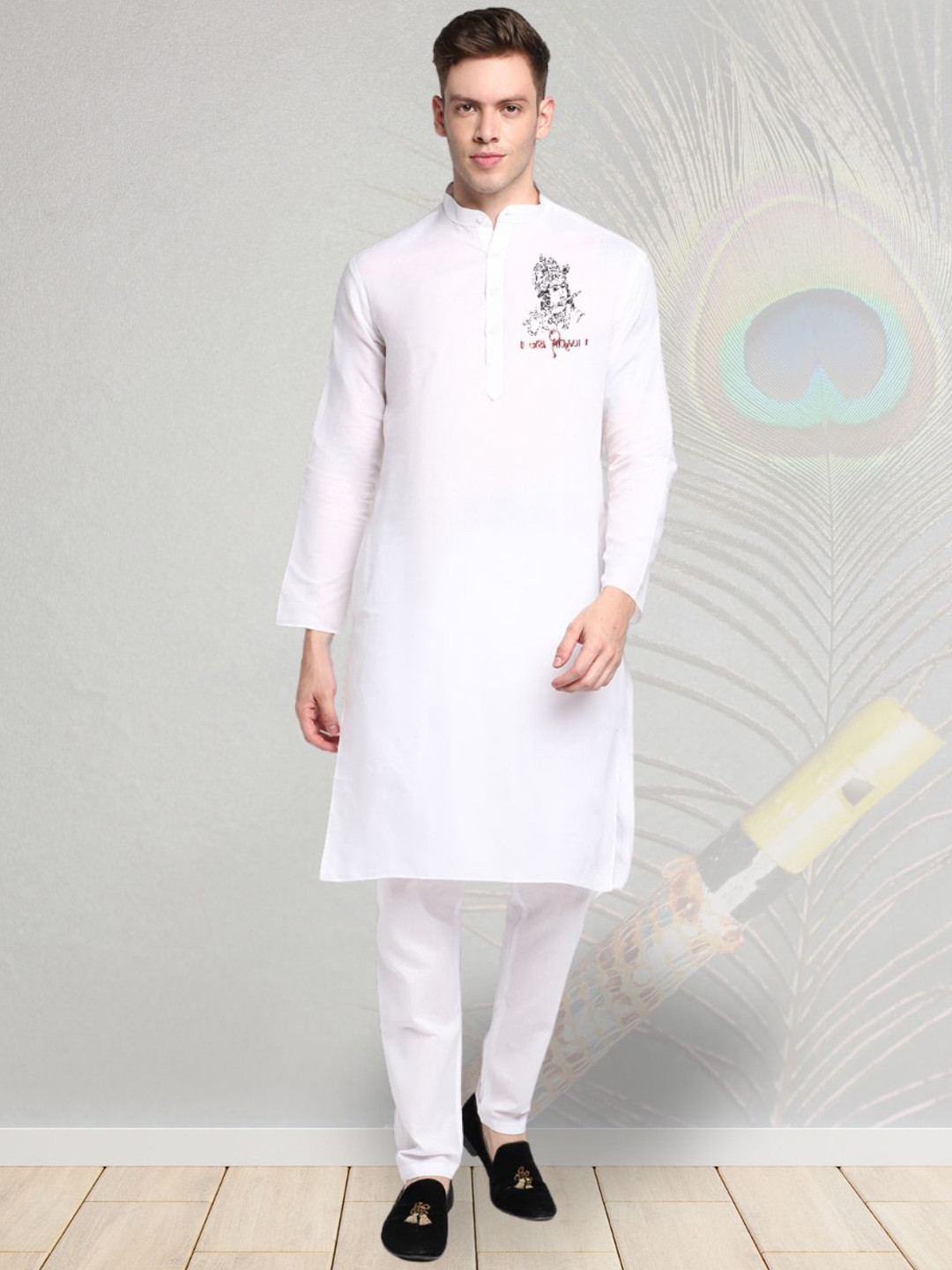 

DEVOILER Ethnic Motifs Digital Printed Mandarin Collar Cotton Straight Kurta, White
