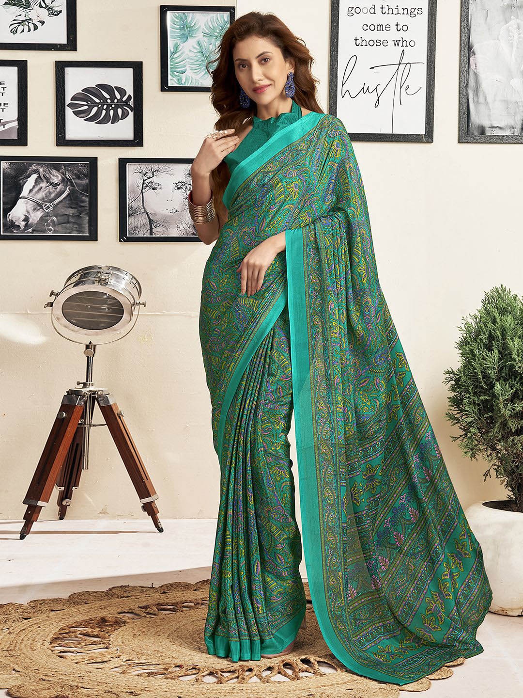 

KALINI Paisley Pure Silk Dabu Saree, Green