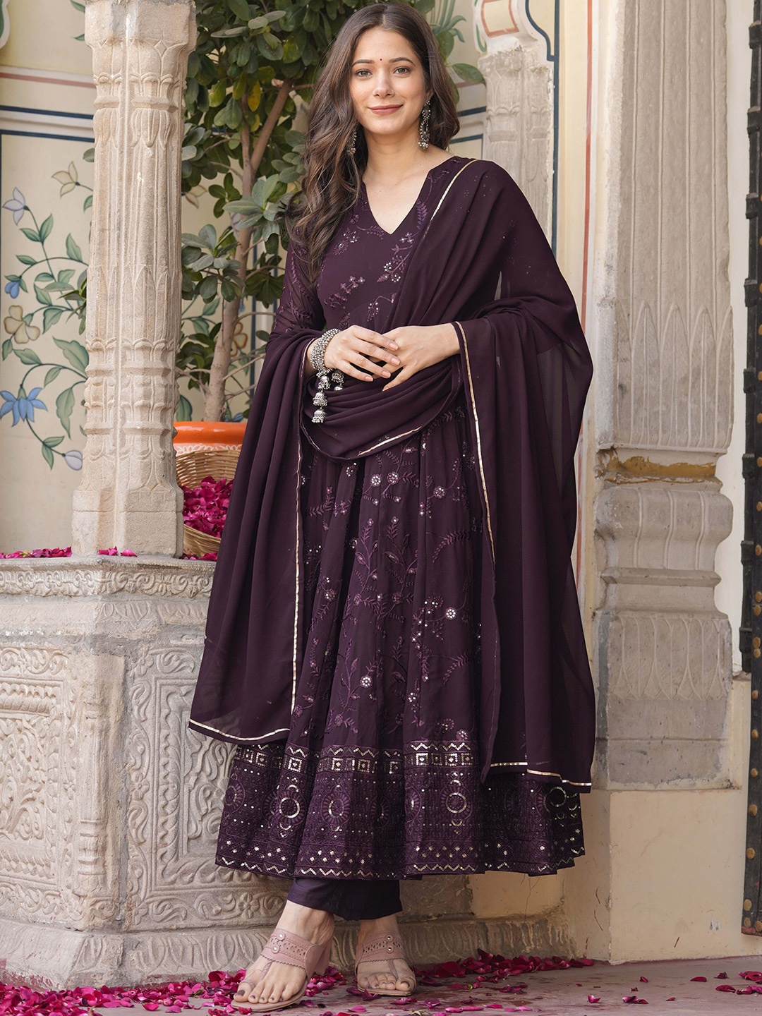 

Sitaram Designer Women Embroidered Angrakha Thread Work Kurta with Trousers & With Dupatta, Burgundy