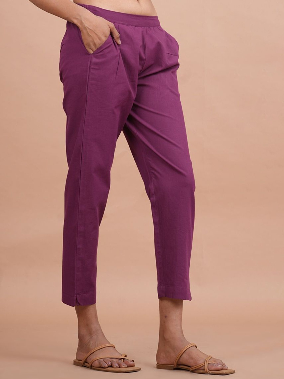 

MIRAYYA Women Solid Tailored Straight Fit Machine Wash Trousers, Purple