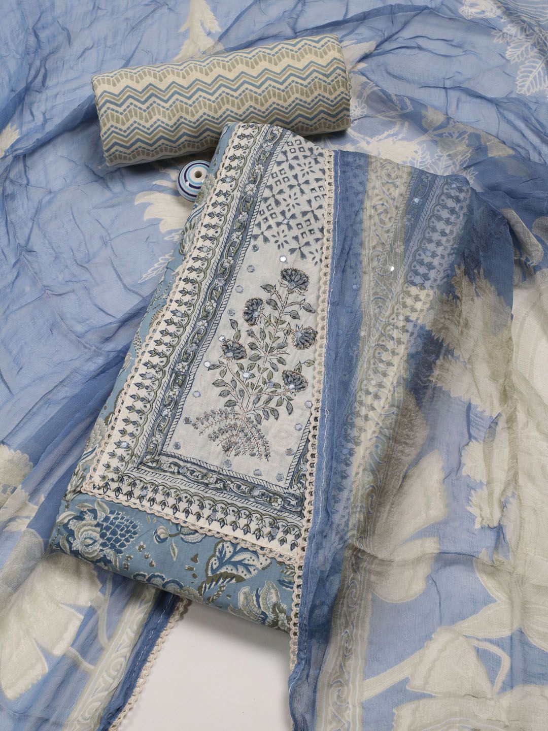 

Meena Bazaar Printed Unstitched Dress Material, Blue