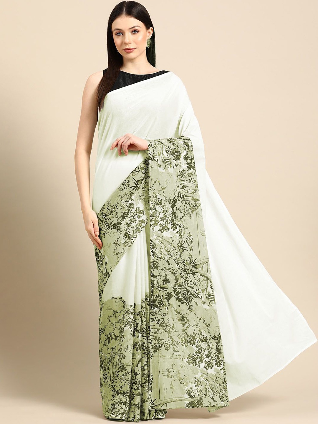 

BUTA BUTI Solid Pure Cotton Saree, Olive