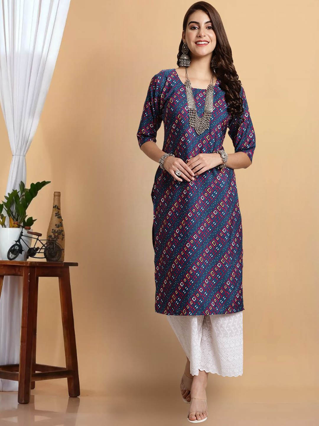 

1 Stop Fashion premium Geometric Printed Straight Kurta, Blue