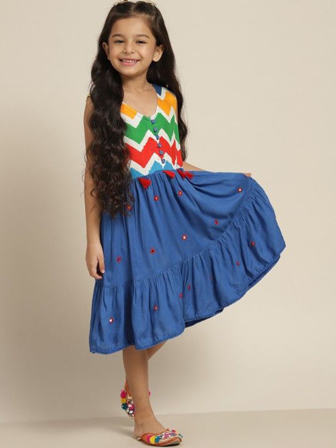 

HERE&NOW Girls Printed Knee Length Ethnic Dress, Blue