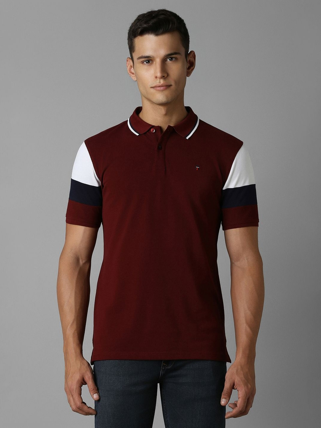 

Louis Philippe Sport Men Colourblocked Polo Collar Applique Slim Fit T-shirt, Maroon