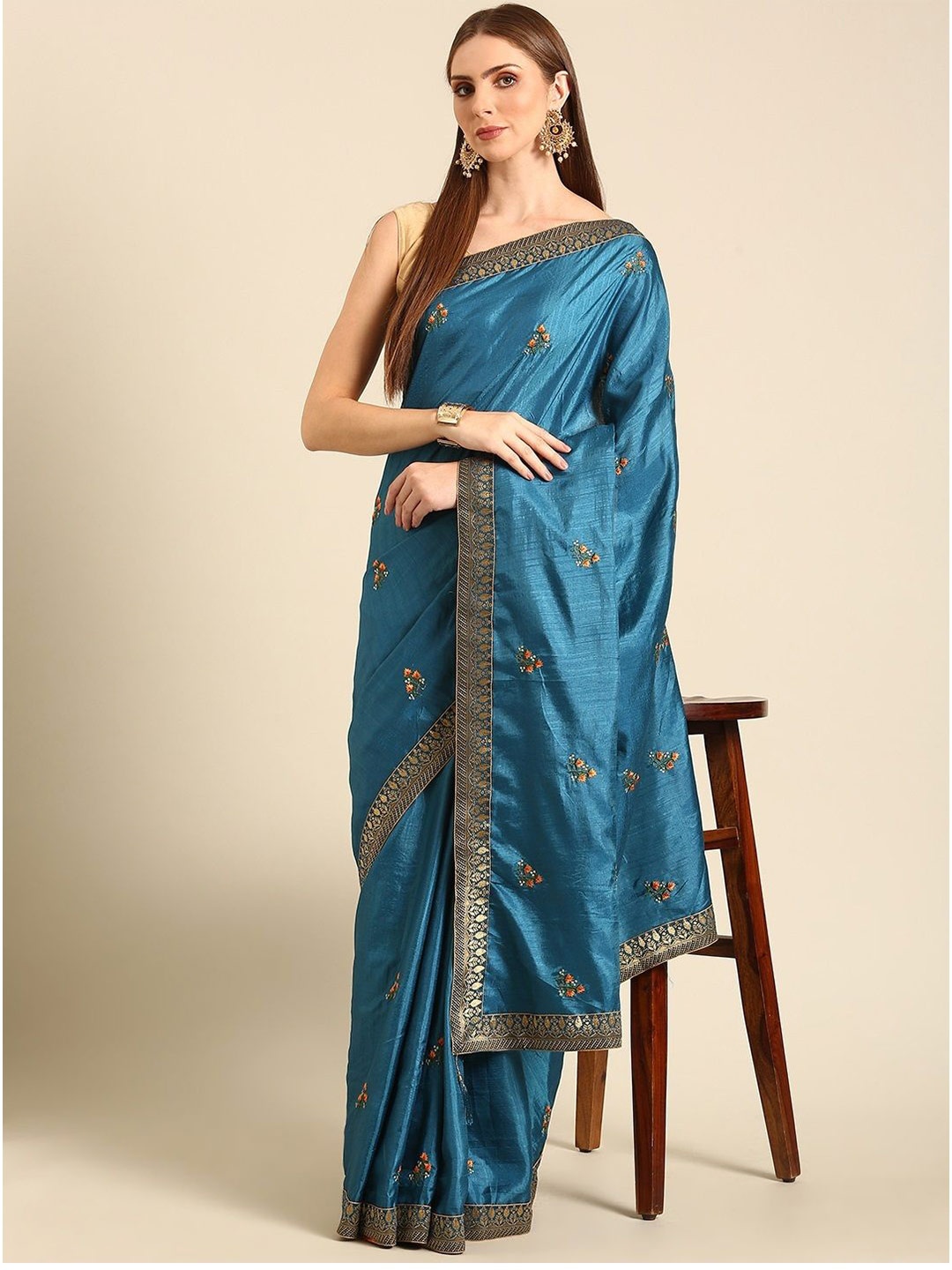 

all about you Ethnic Motifs Embroidered Saree, Teal