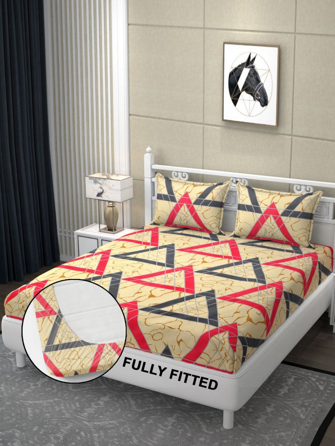

FINE TEX WORLD Red & Yellow Geometric 210 TC King Bedsheet with 2 Pillow Covers