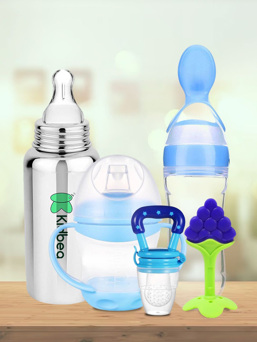 

Kidbea 5-Pcs Silicone Milk Bottle Combo, Blue