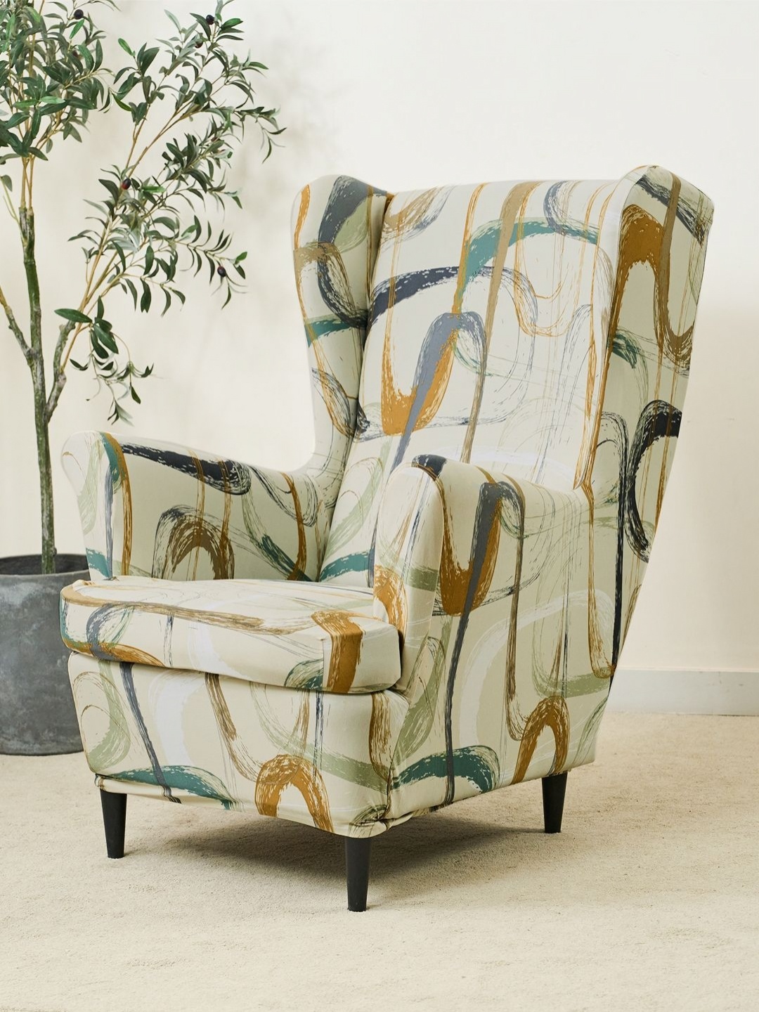 

HOKIPO Beige Printed Wing Chair Cover
