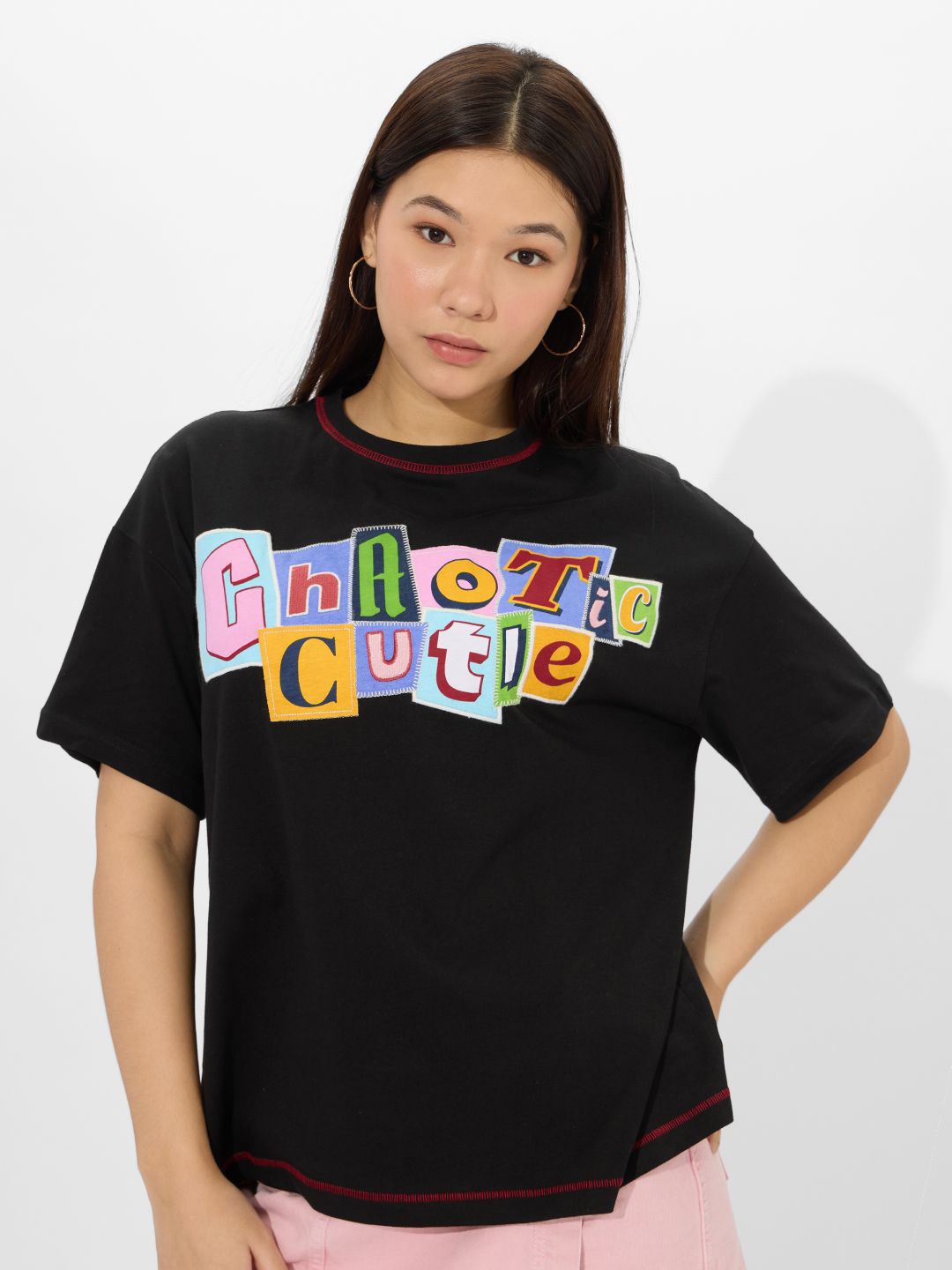 

The Souled Store Women Printed Applique T-shirt, Black