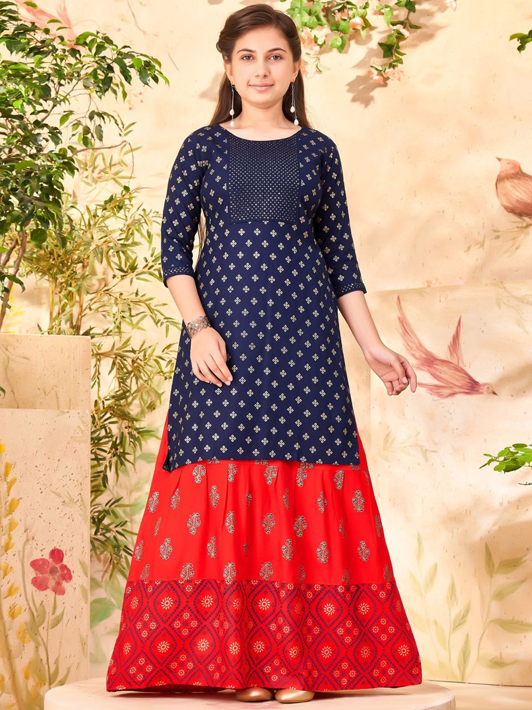 

BAESD Girls Floral Embroidered Flared Sleeves Anarkali Kurta, Navy blue