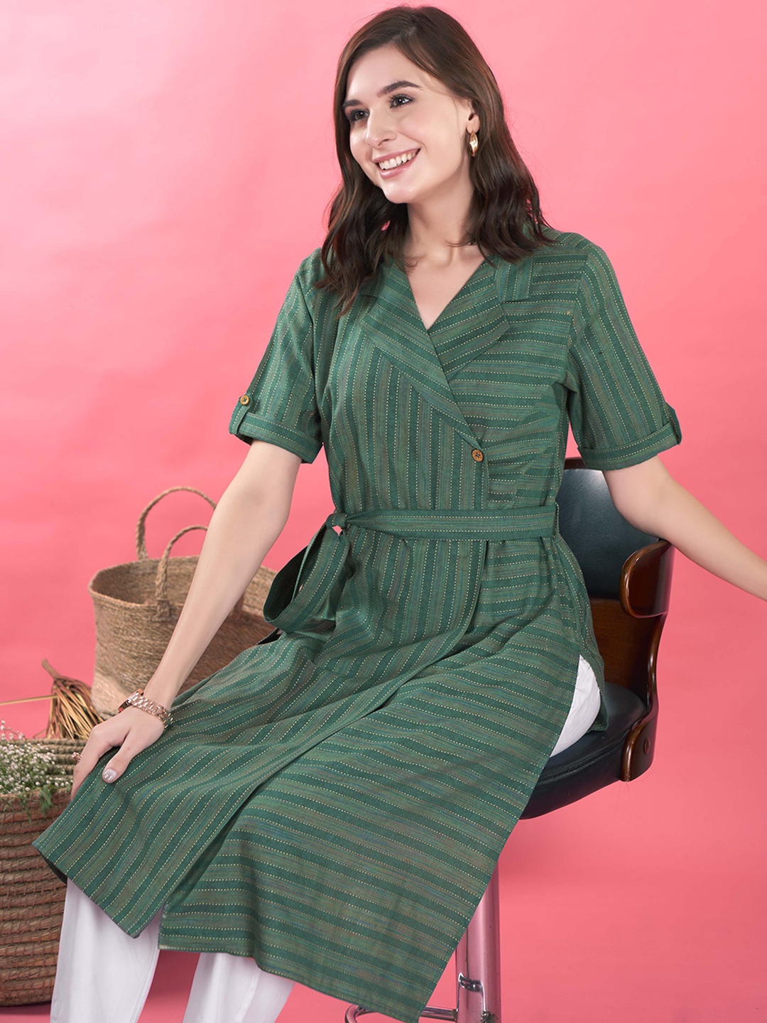 

Anouk Women Striped Flared Sleeves Thread Work Kurta, Green