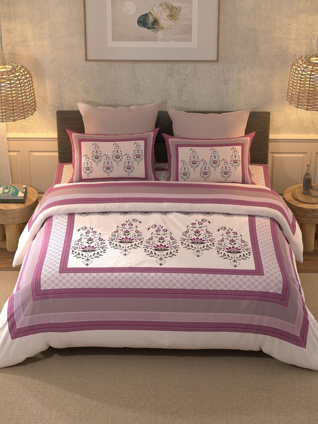 

BELLA CASA Pink & White Ethnic Motifs 350 TC King Bedsheet with 2 Pillow Covers