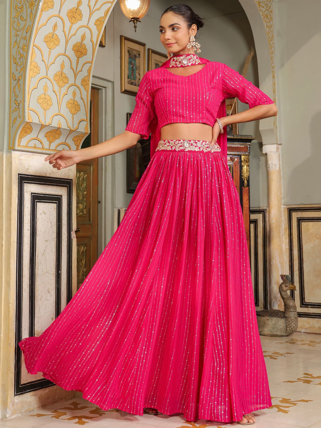 

Janasya Embellished Beads and Stones Ready to Wear Lehenga & Blouse With Dupatta, Pink