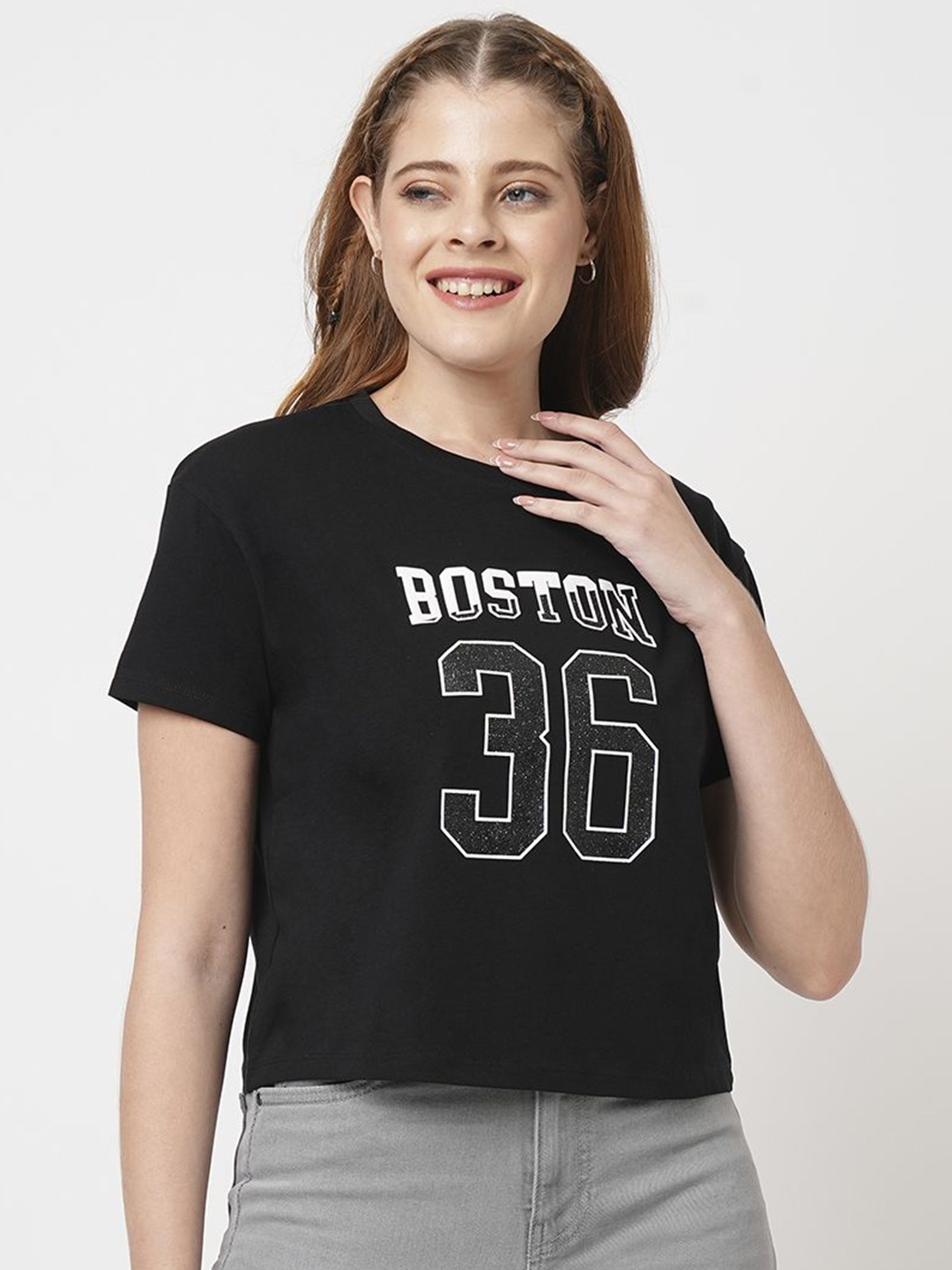

Kraus Jeans Women Varsity Printed Hooded Slim Fit T-shirt, Black