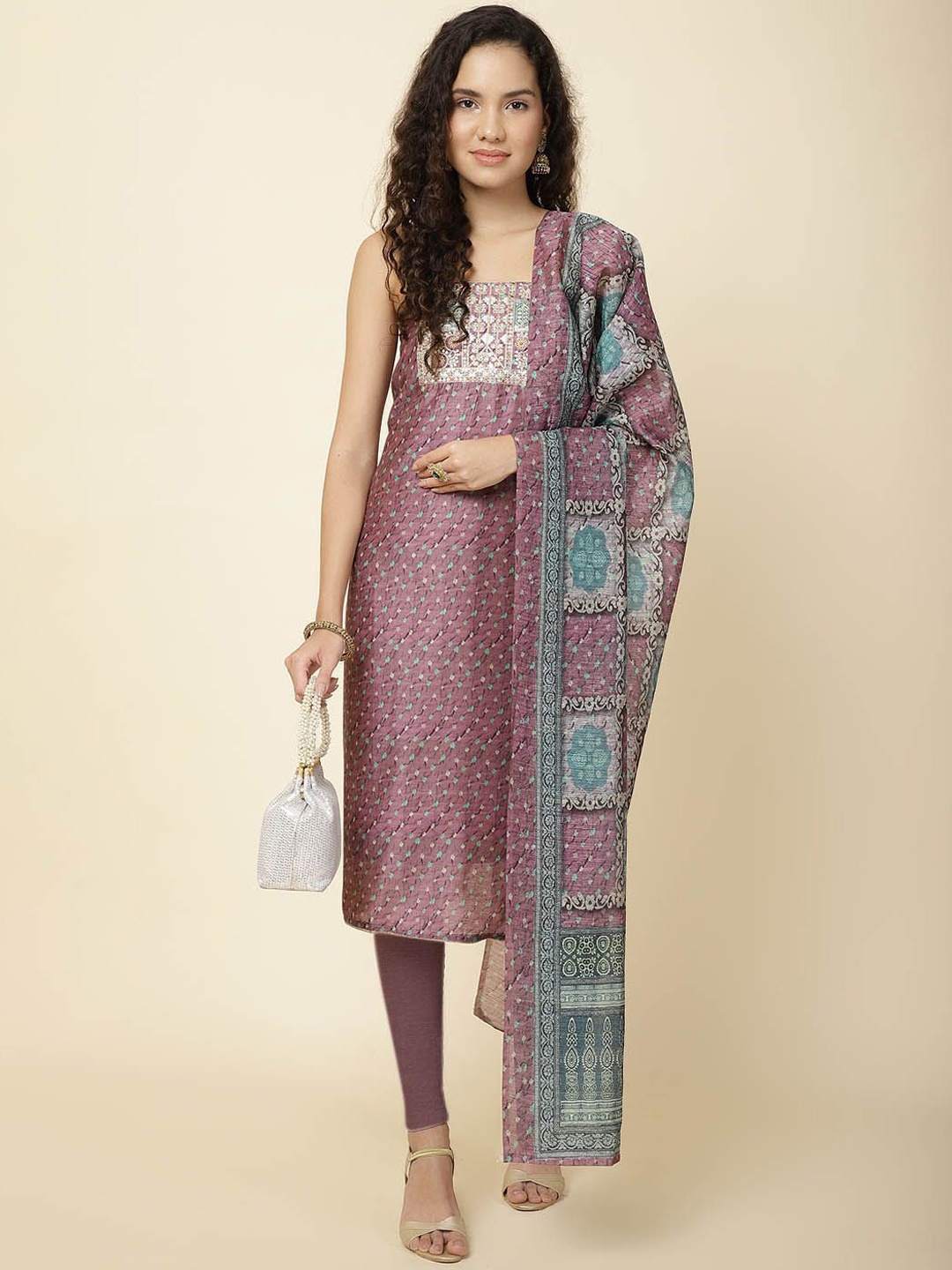 

Meena Bazaar Printed Art Silk Unstitched Dress Material, Mauve