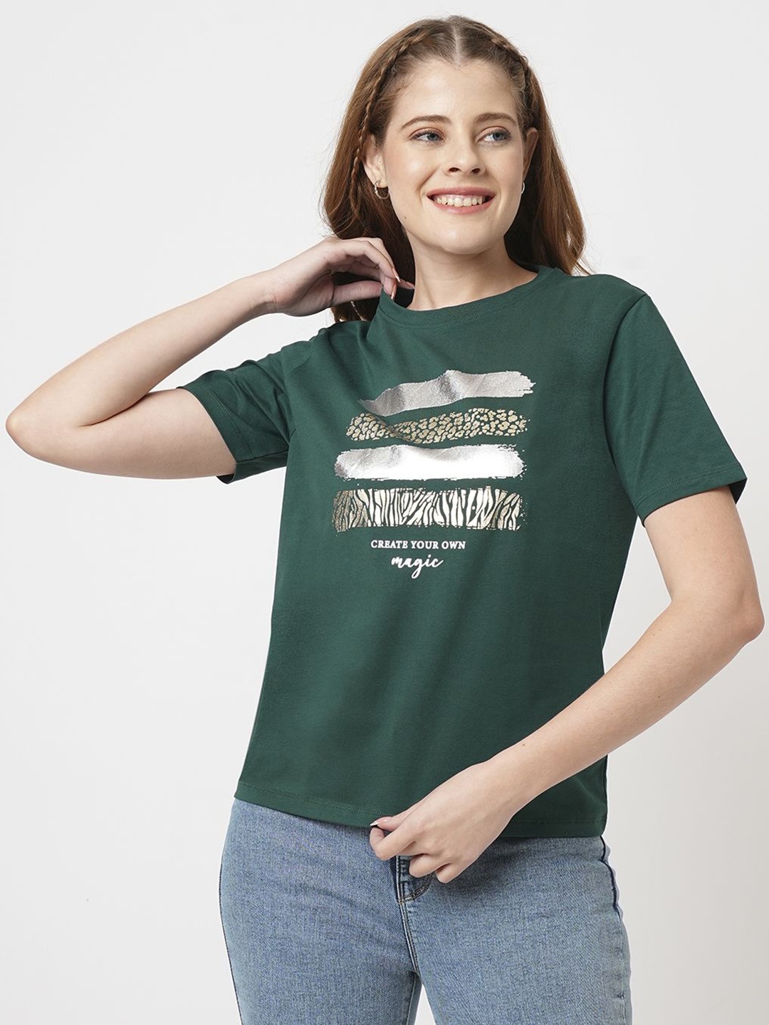 

Kraus Jeans Women Typography Printed Applique Slim Fit T-shirt, Green