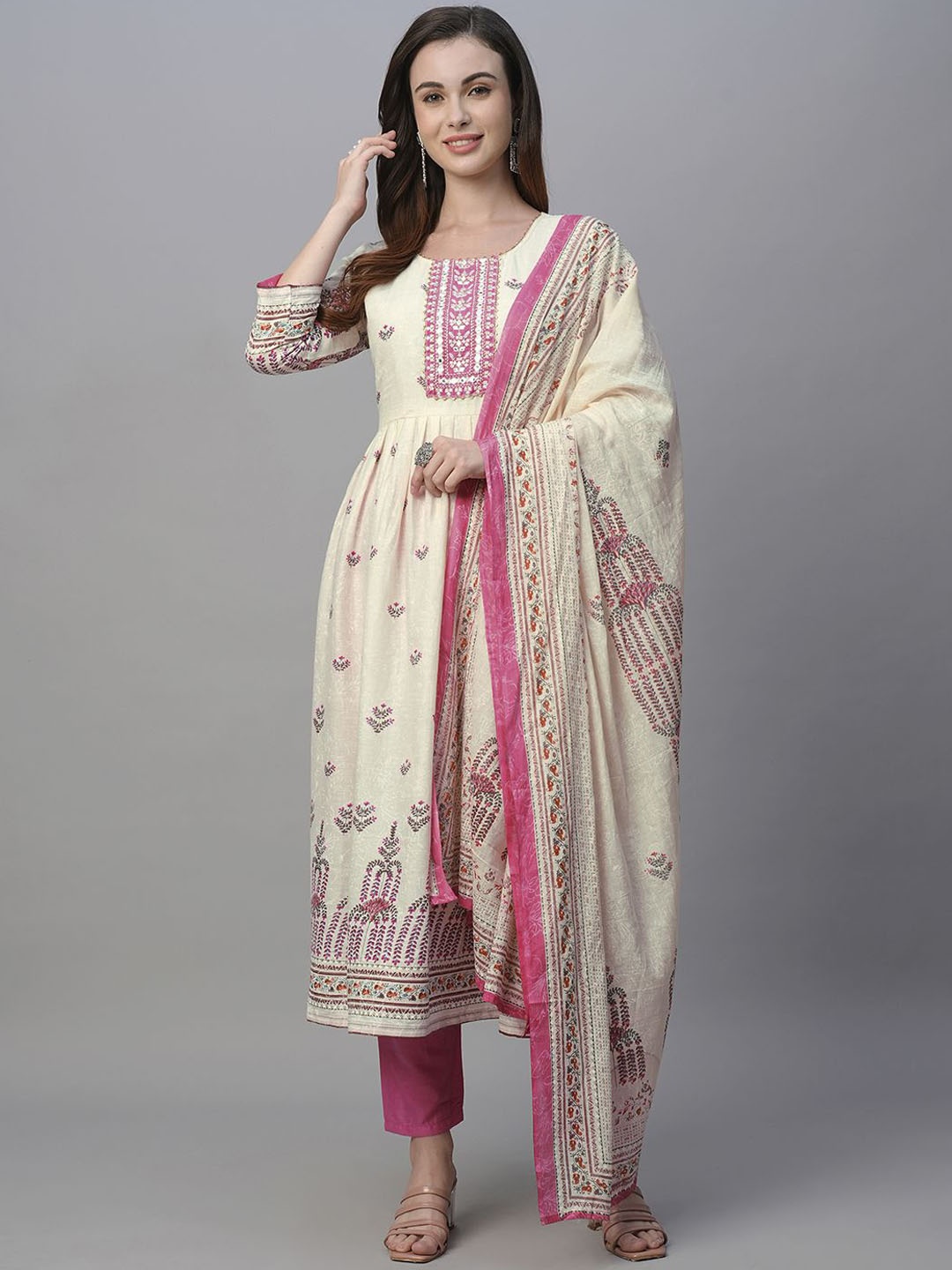 

KALINI Women Floral Printed Angrakha Pure Cotton Kurta with Trousers & With Dupatta, White